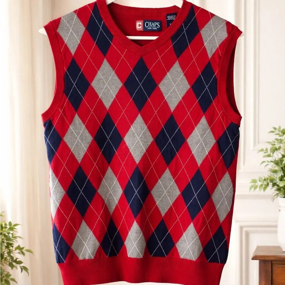 Red Navy Argyle Sweater Vest Men’s Large Preppy Golfcore Cotton Knit